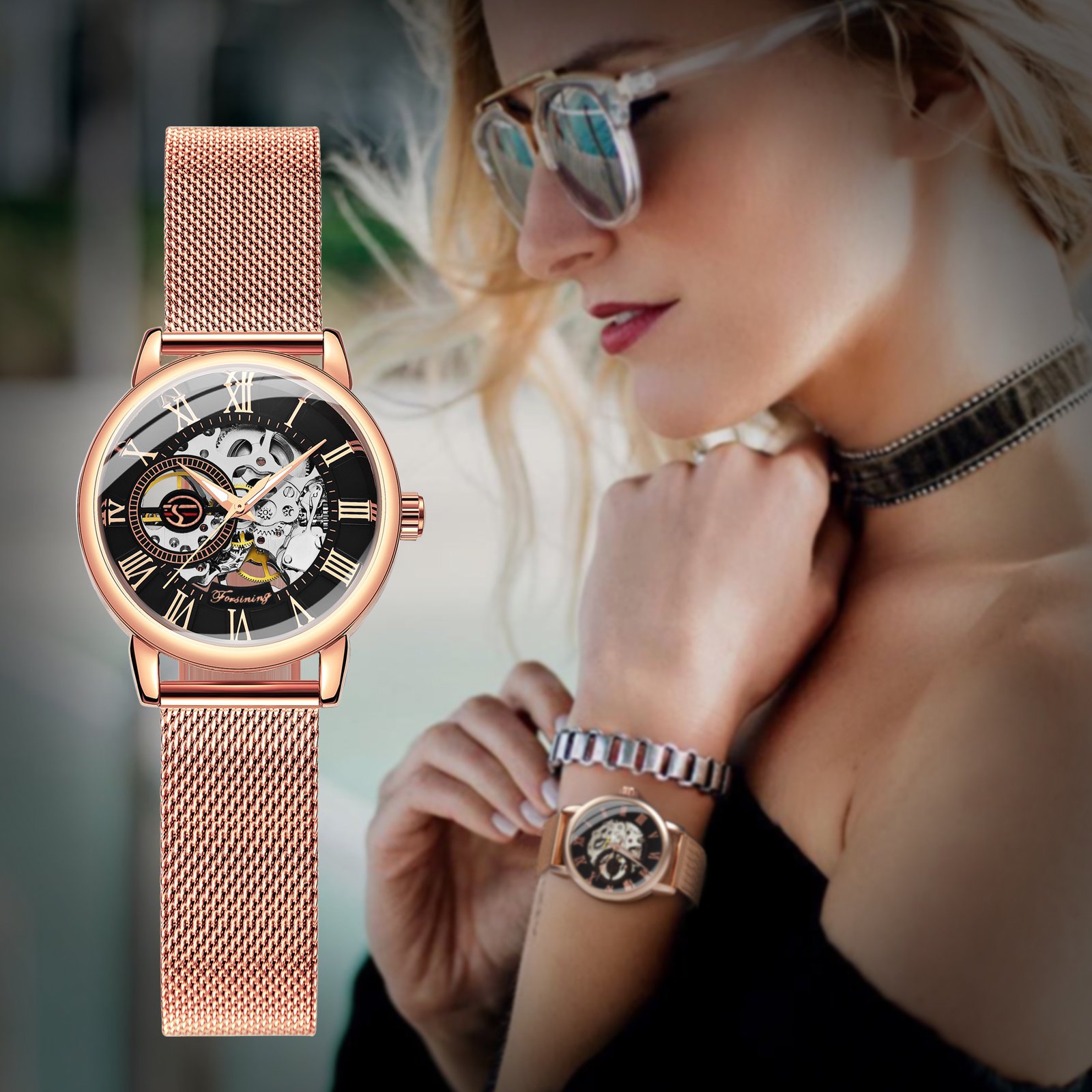 FORSINING Gold Watch Women Casual Ladies Watches Top Brand Luxury Female Wristwatch Elegant Clock Retro Mesh Strap часы женские 1