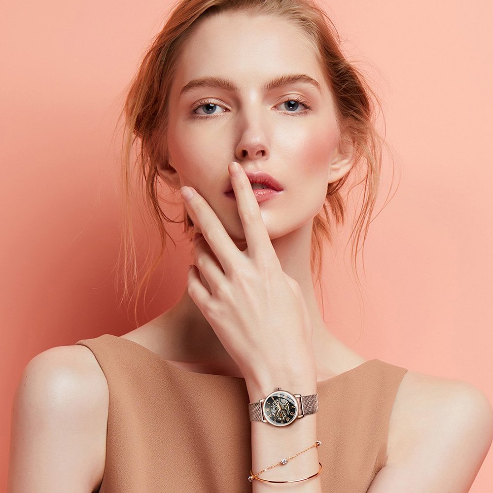 FORSINING Gold Watch Women Casual Ladies Watches Top Brand Luxury Female Wristwatch Elegant Clock Retro Mesh Strap часы женские 35