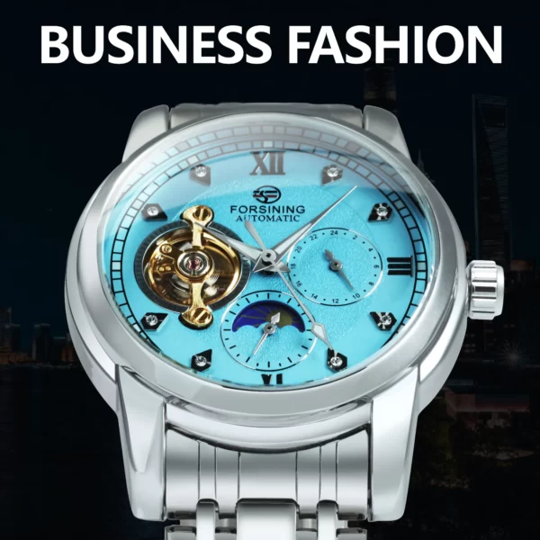 Forsining Tourbillon Moon Phase Automatic Mechanical Watch for Men Fashion Diamond Stainless Steel Strap Luxury Watches Luminous 2