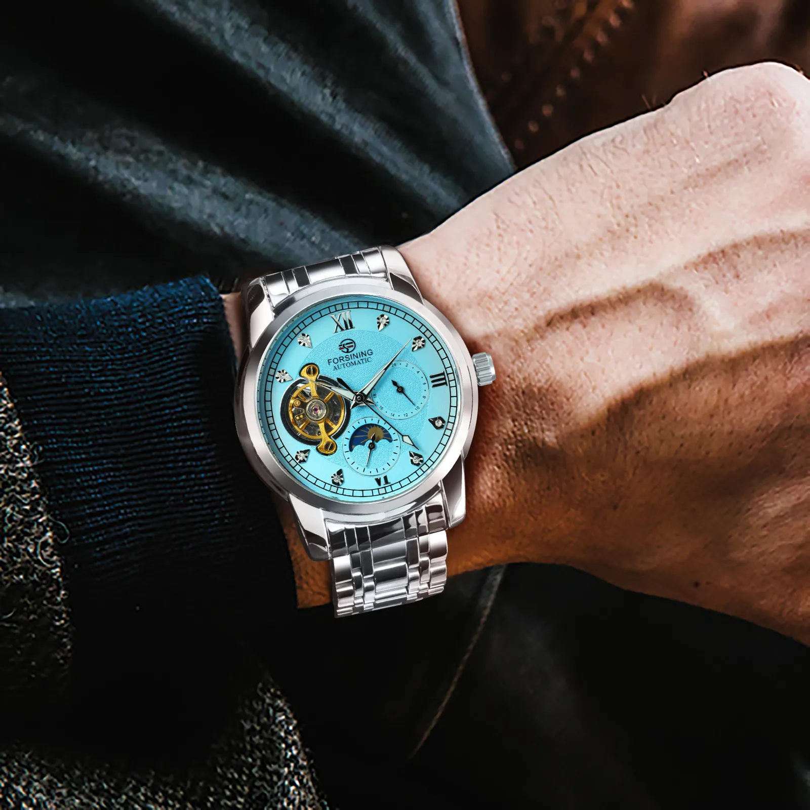 Forsining Tourbillon Moon Phase Automatic Mechanical Watch for Men Fashion Diamond Stainless Steel Strap Luxury Watches Luminous 17