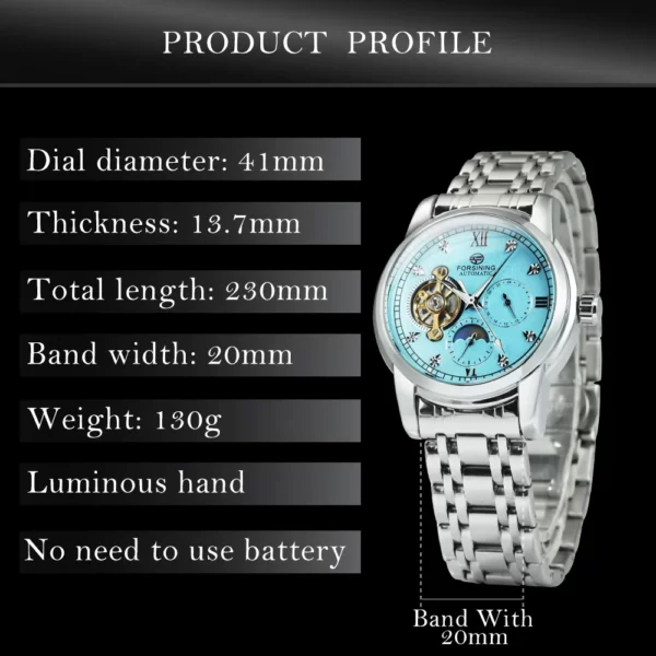 Forsining Tourbillon Moon Phase Automatic Mechanical Watch for Men Fashion Diamond Stainless Steel Strap Luxury Watches Luminous 6