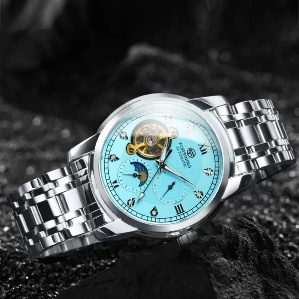 Forsining Tourbillon Moon Phase Automatic Mechanical Watch for Men Fashion Diamond Stainless Steel Strap Luxury Watches Luminous 3