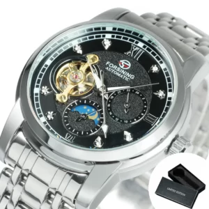 Forsining Tourbillon Moon Phase Automatic Mechanical Watch for Men Fashion Diamond Stainless Steel Strap Luxury Watches Luminous 8
