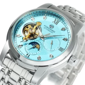 Forsining Tourbillon Moon Phase Automatic Mechanical Watch for Men Fashion Diamond Stainless Steel Strap Luxury Watches Luminous 9