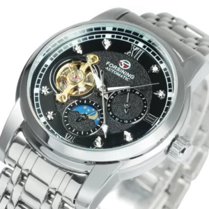 Forsining Tourbillon Moon Phase Automatic Mechanical Watch for Men Fashion Diamond Stainless Steel Strap Luxury Watches Luminous 7