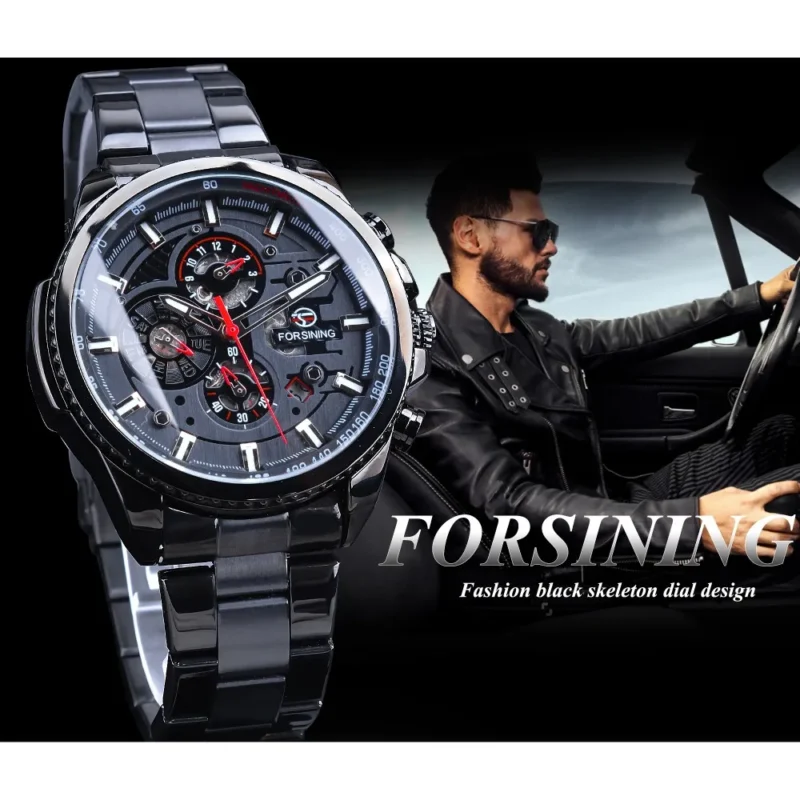 Forsining Three Dial Calendar Stainless Steel Men Mechanical Automatic Wrist Watches Top Brand Luxury Military Sport Male Clock 3